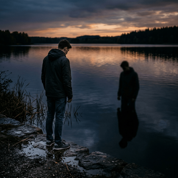 Young man looking at his reflection in a lake at dusk