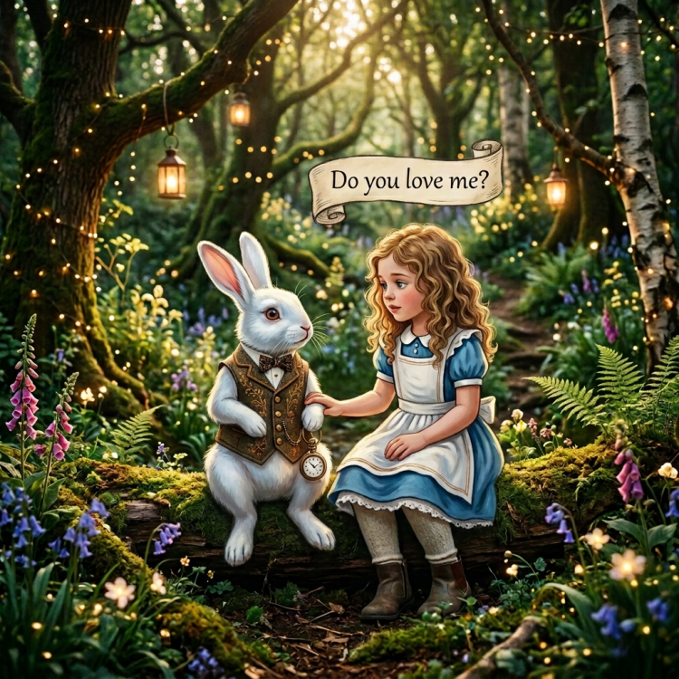A girl sitting beside a rabbit wearing a vest and bow tie, holding a lantern in a forest